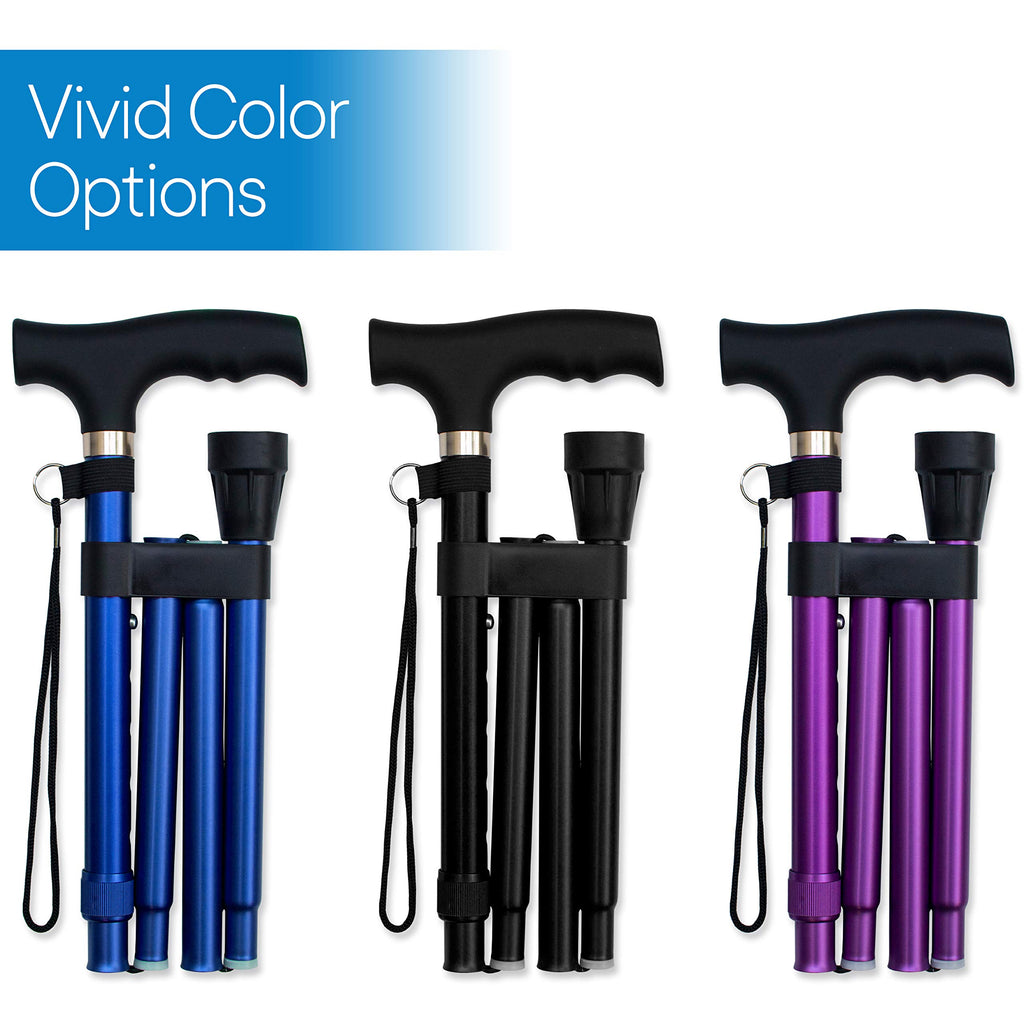 RMS Folding Cane - Foldable, Adjustable, Lightweight Aluminum Offset Walking Cane - Collapsible Walking Stick with Ergonomic Derby Handle - Ideal Daily Living Aid for Limited Mobility (Blue)