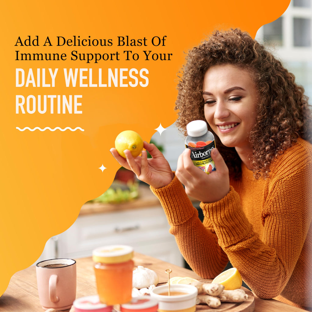 Airborne 750mg Vitamin C Gummies for Adults, Immune Support Gummies with Powerful Antioxidants VIT C & E, Caffeine Free - 2x63ct Bottle (42 Servings), Assorted Fruit Flavor