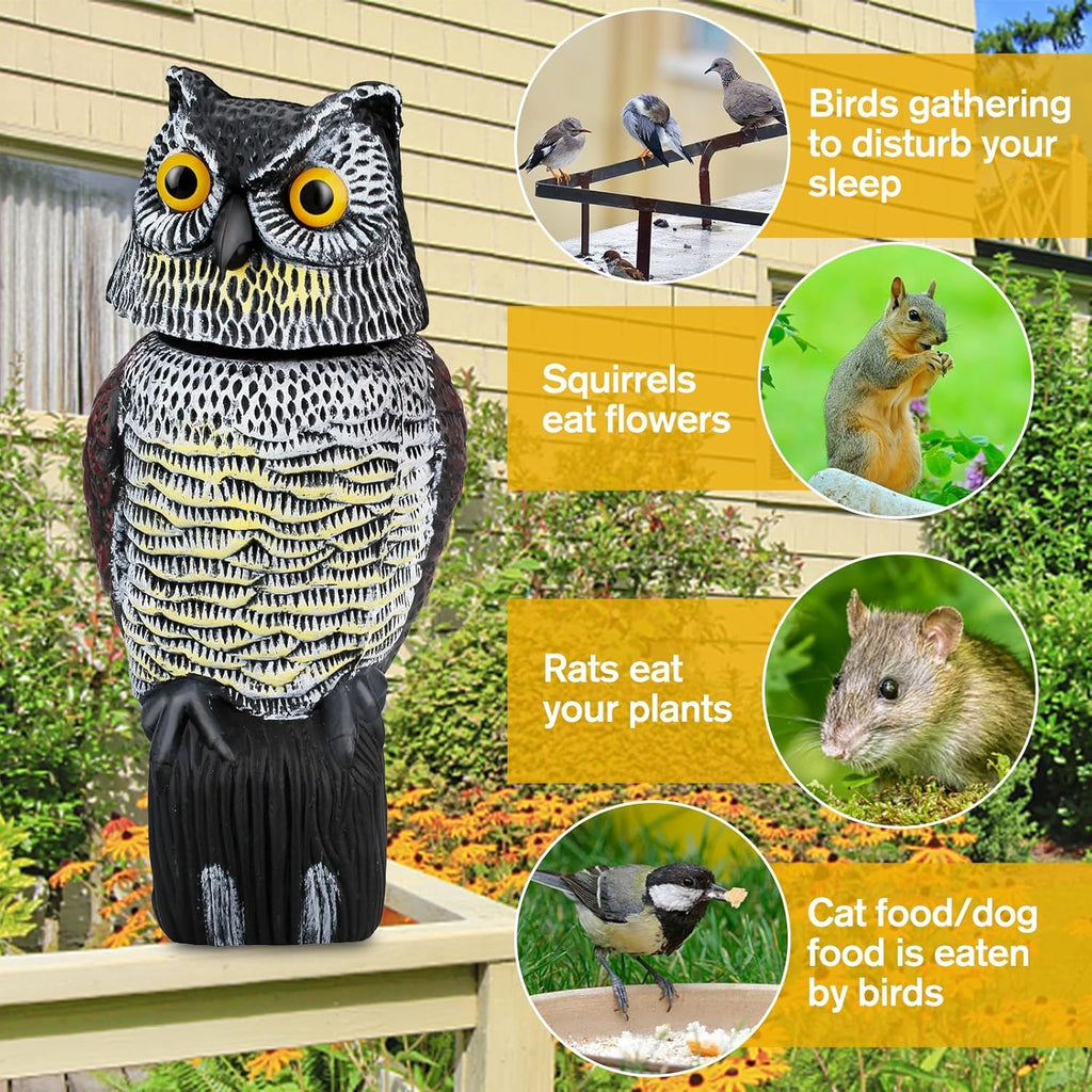Fake Owl Statue to Scare Birds Away, Waterproof Moving Bird Deterrent Owl