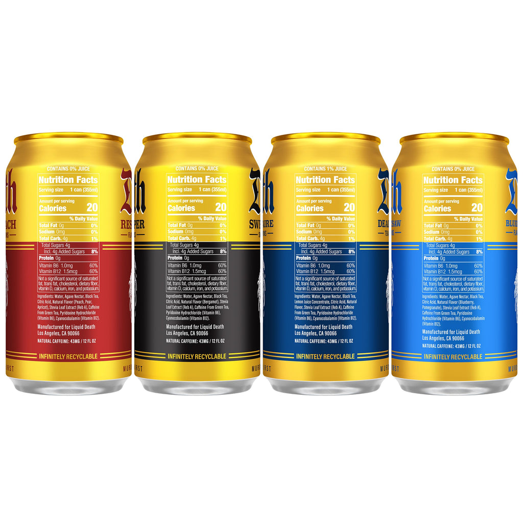 Liquid Death Iced Tea - O.G. Variety, Less Sugar*, Boost of Caffeine, B Vitamins, No Artificial Sweeteners, 4 Flavors: Tea/Lemonade, Rest in Peach, Sweet Reaper, Blueberry Buzzsaw, 12 Fl Oz (Pack of 12)