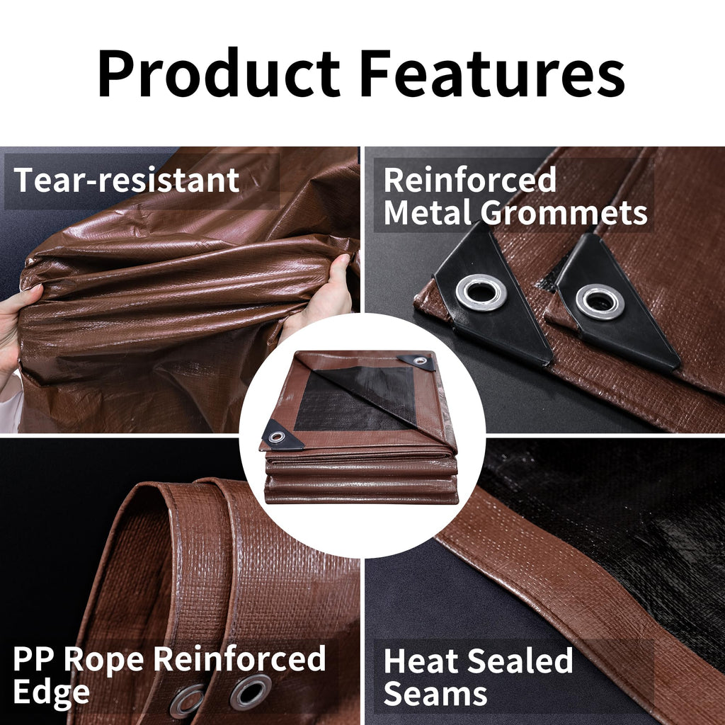 TARPAL Tarp 12x12 Feet Large Tarps Heavy Duty Waterproof 10mil Multipurpose Protective Cover Waterproof,Snow or UV Protection,Durable Reinforced Edges(Brown/Black)