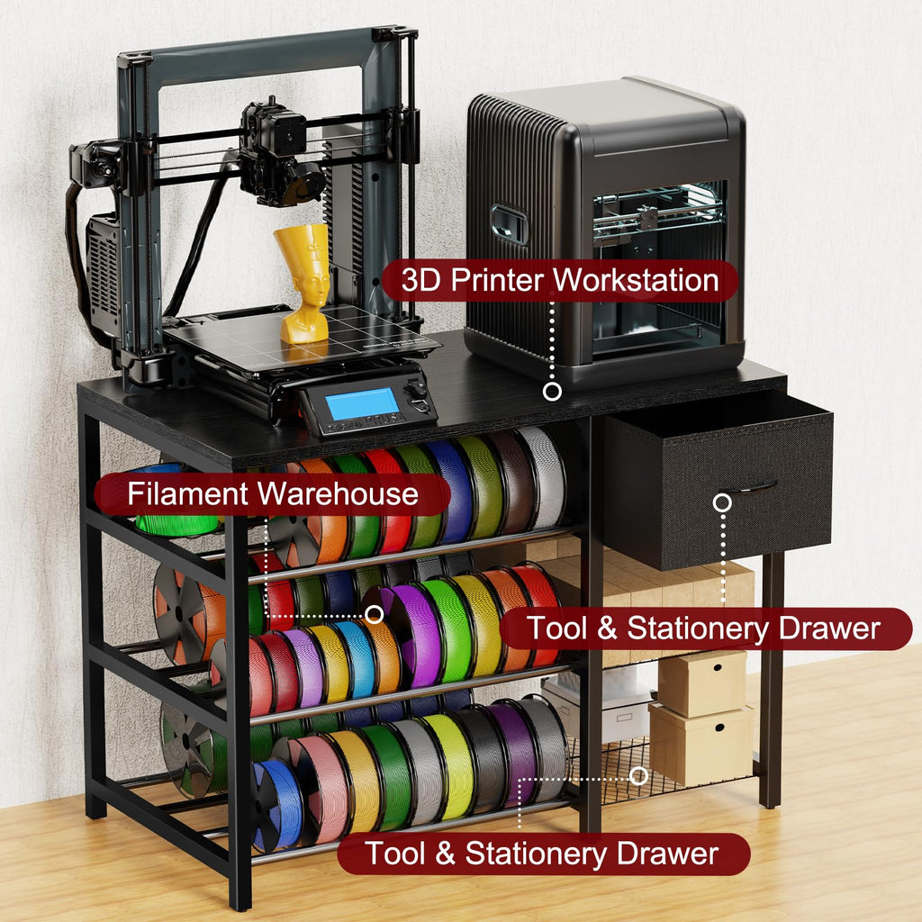 GUULIBERA 3D Printer Stand with Filament Storage Rack, Black 3D Printer Table with Power Outlet, 3-Tier Filament Holder with Drawer, 3D Printer Filament Stand Organized for Office Workshop Studio