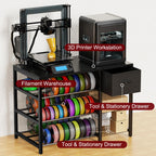 GUULIBERA 3D Printer Stand with Filament Storage Rack, Black 3D Printer Table with Power Outlet, 3-Tier Filament Holder with Drawer, 3D Printer Filament Stand Organized for Office Workshop Studio
