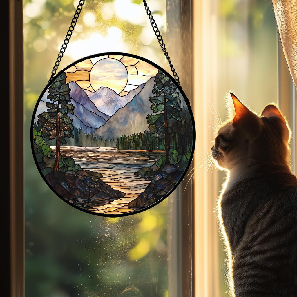 AMDERVEN Stained Glass Window Hanging, Sunset Mountains Lake Tree Sun Catcher for Window Home Decor Landscape Suncatcher Mother's Day Birthday Gifts for Women Men Mom and Nana 11.8 in