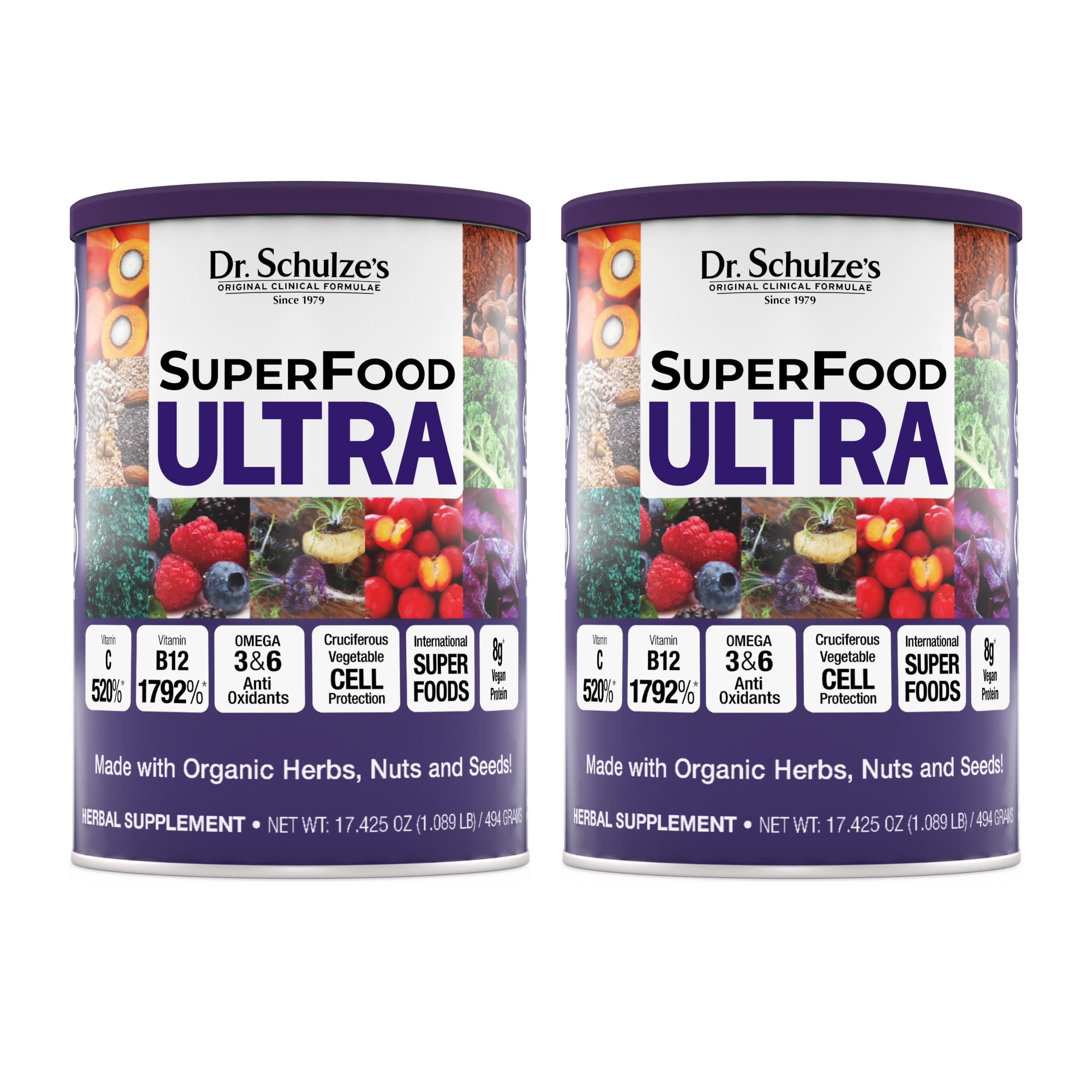 Dr. Schulze's SuperFood Ultra - Plant-Based Superfood Powder for Active Lifestyle Support - Vital Nutrients - Natural Ingredients - Gluten-Free & Dairy-Free - Vegan - 17.4 oz (13 Servings) - 2 Pack