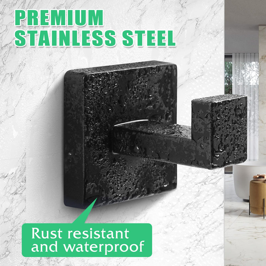 Fenas Heavy Duty Stainless Steel Towel Hooks, Wall Mounted Square Robe Hooks for Bathroom, Kitchen, Bedroom, Hotel Matte Black 2 Pack
