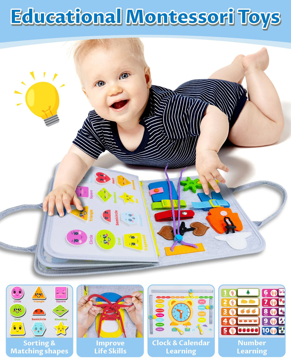 Board Toys for Toddler Boy & Girl Birthday Gifts, Busy Book Learning Sensory Toys for Toddlers, Toddler Travel Toy Educational Activities Learn Fine Motor Skills