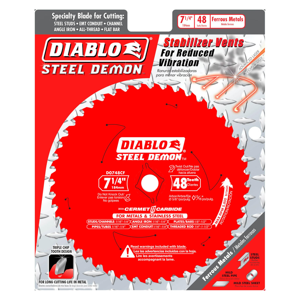 Diablo Steel Demon Cermet II Saw Blade with Triple Chip Grind and Perma-Shield Coating - Ideal for Medium Metal Cutting - 7-1/4" Diameter, 48 TCG Teeth - D0748CF