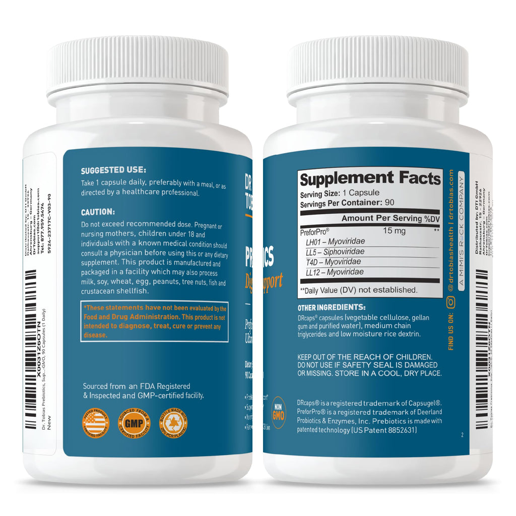 Dr. Tobias Prebiotics Digestive Support, Advanced Prebiotic Supplement for Gut Health, Immune Function & Boost for Probiotics for Women & Men, Vegan, Non-GMO, 90 Capsules, 90 Servings