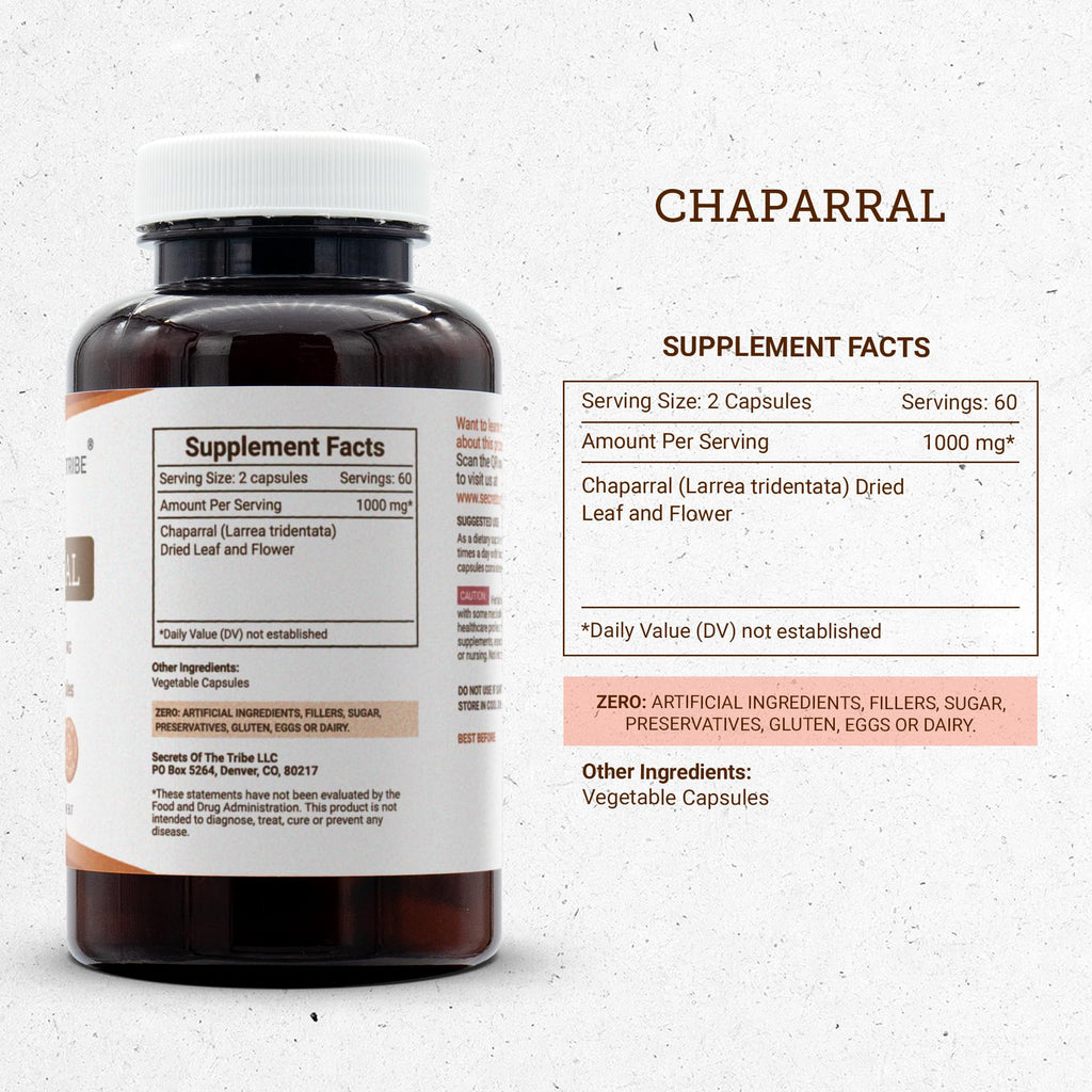 Secrets of the Tribe Chaparral 120 Capsules, 1000 mg, Chaparral (Larrea tridentata) Dried Leaf and Flower (120 Capsules)