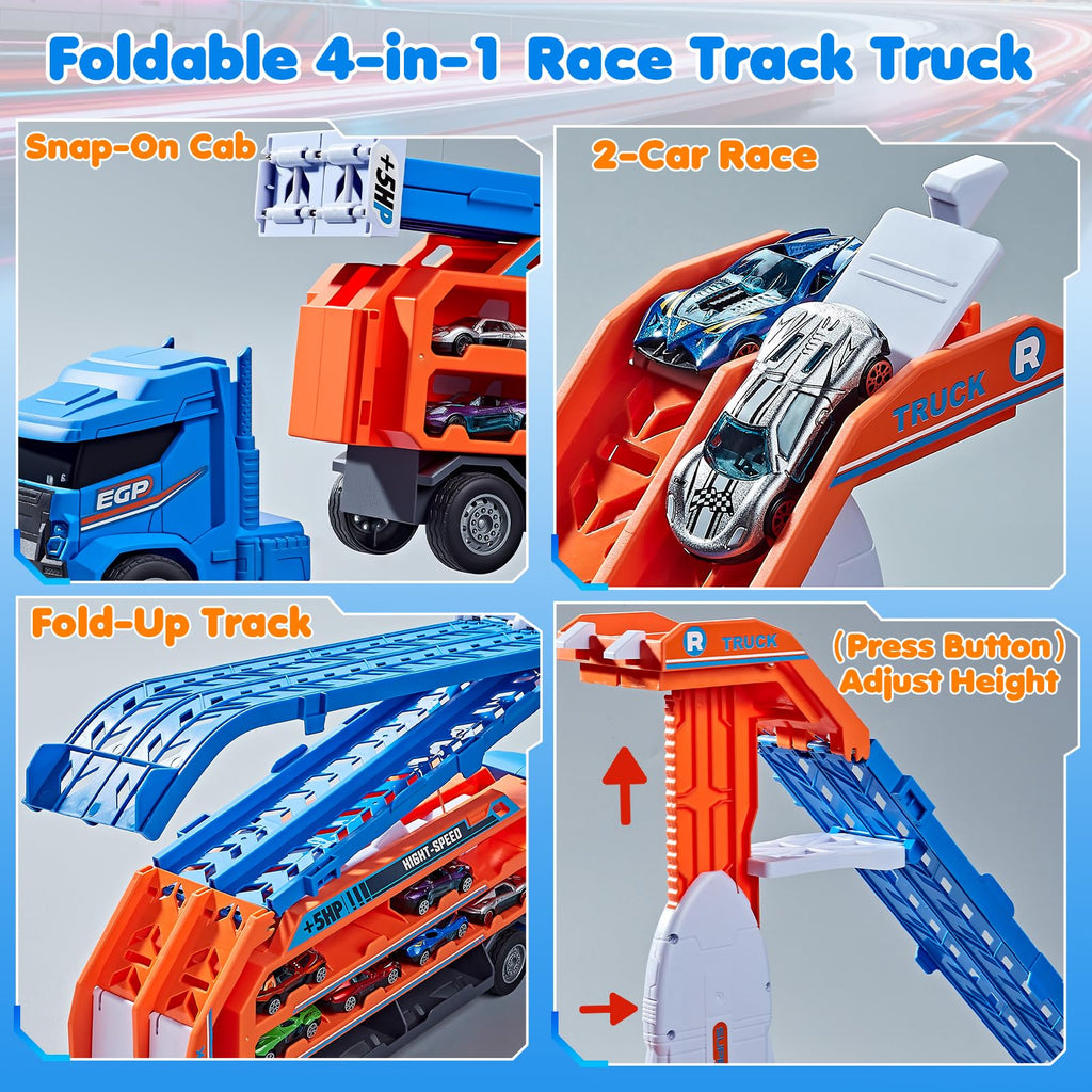 Race Track Truck Toys for 3 4 5 6 Years Old Kids - Carrier Truck Transport Car with 6 Die-Cast Cars Toys, 4-in-1 Truck with 2 Foldable Race Tracks, Christmas Birthday Gifts Toy for Toddler Boys, Blue