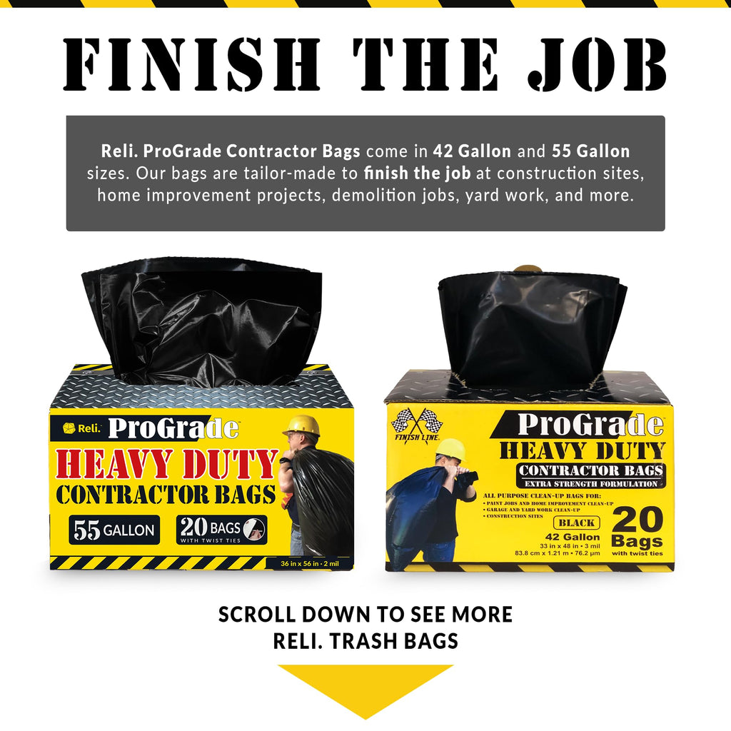 Reli. Contractor Garbage Bags 55 Gallon | 40 Trash Bags | Heavy Duty | Black Contractor