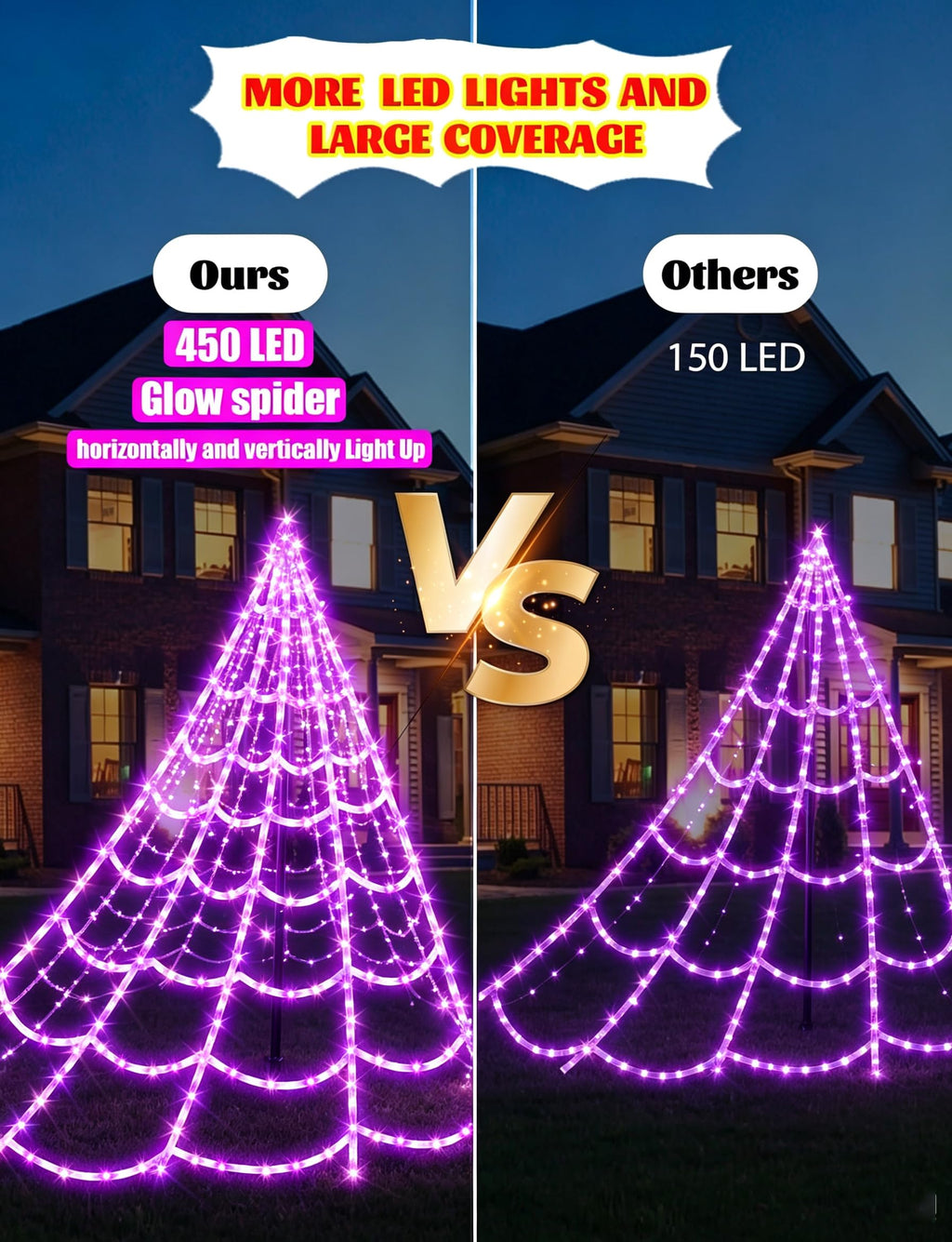 LCHUANG Spider Webs Halloween Decor Lights - 450 LEDs Outdoor Halloween String Lights with Light Up Spider,8 Modes Remote Control 16.4Ft Spiderweb,Waterproof (New Purple Grid Luminous Net)