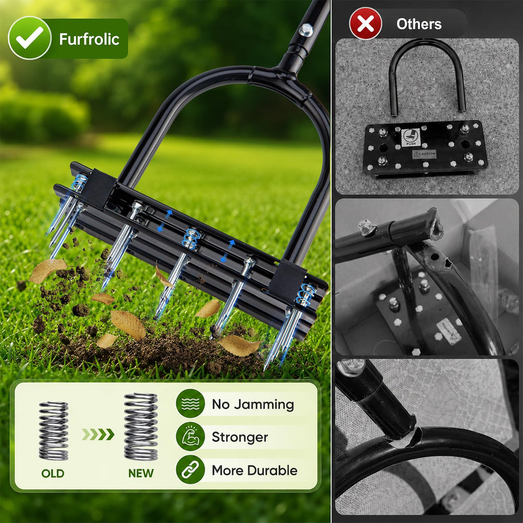 Furfrolic Lawn Aerator - 2-in-1 Manual Aerator with Automatic Dirt and Leaf Clean, Heavy-Duty Reinforced 15 Spikes & Ergonomic T-Handle for Lawn Maintenance, Garden Care, Yard Work (Black)