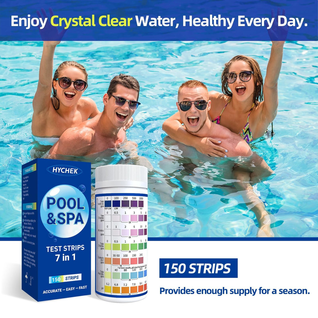 HYCHEK 7 in 1 Accurate Pool & Spa Test Strips, 150-Count Hot Tub Test Strips | Lab Recommended | Water Chemical Testing Kit for Bromine, Chlorine, pH, Hardness, More, Fast & Easy Test Way