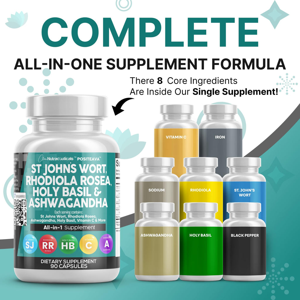 Clean Nutraceuticals St Johns Wort Rhodiola Rosea Holy Basil Ashwagandha - Mood Support for Women and Men with Vitamin C & Black Pepper Extract - 90 Caps