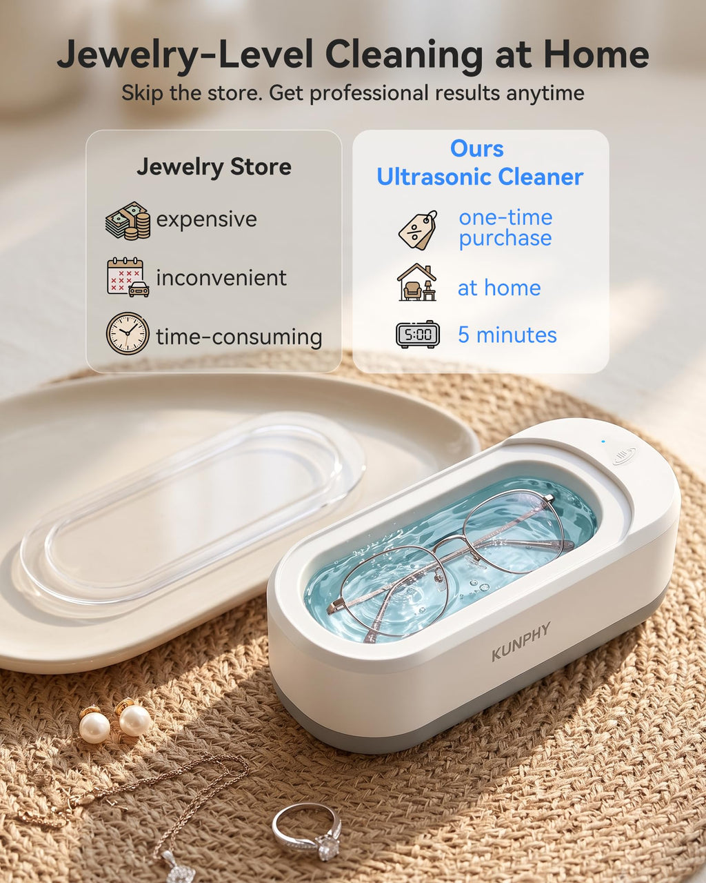 Jewelry Cleaner, KUNPHY 48kHz Ultrasonic Cleaner, White