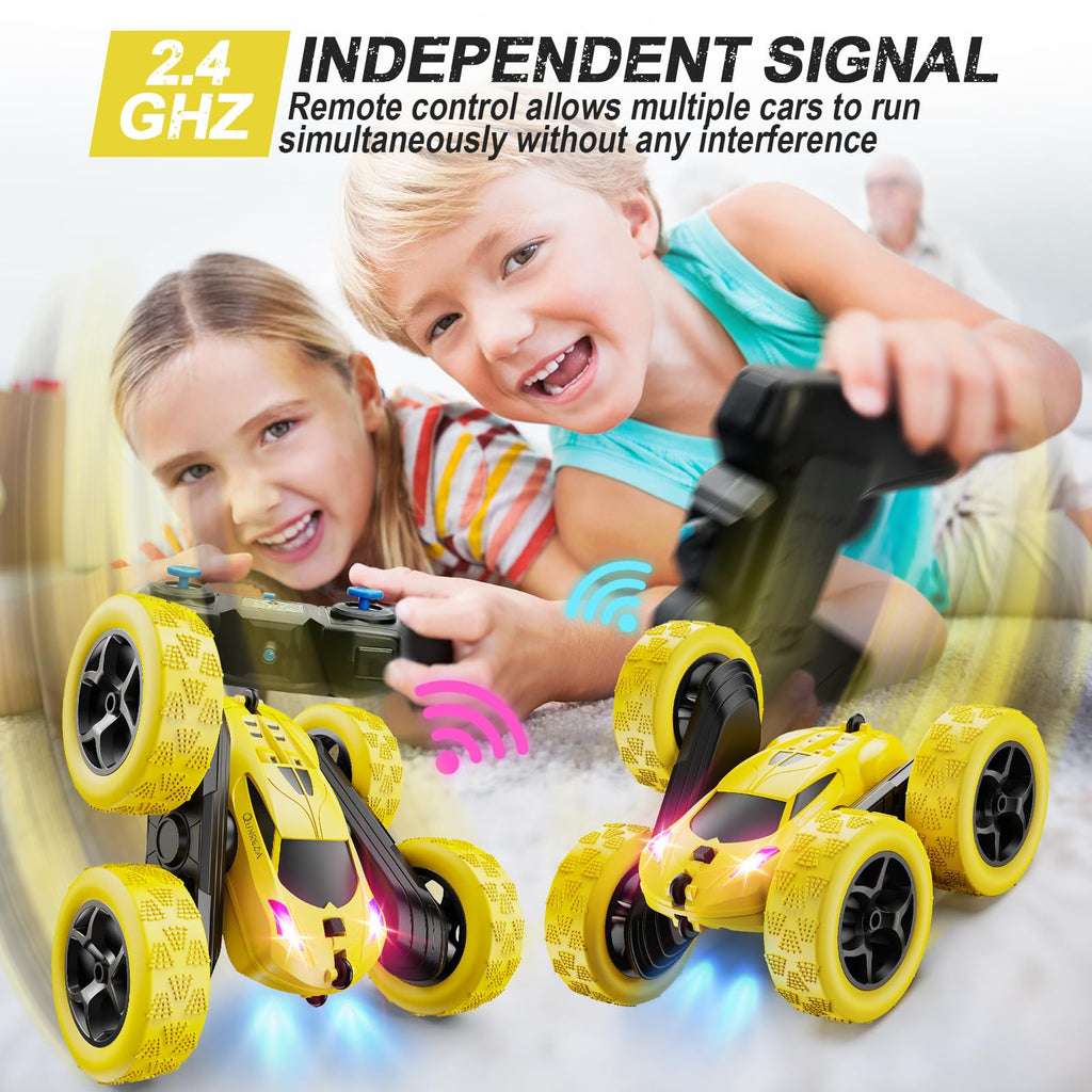 QUNREDA Remote Control Car,RC Car Toys for 6-12 Year Old Boys, Off Road RC Stunt Car 4WD 360° Rotating Remote Control Car for Kids, Boys Girls Gifts for Birthday, Christmas Yellow