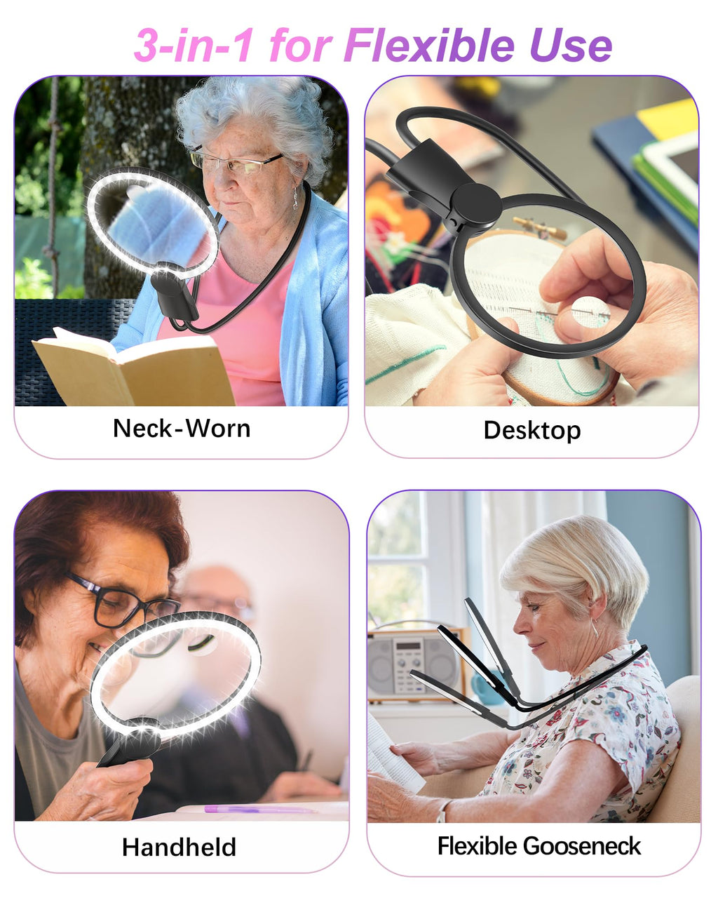Hands Free Magnifying Glass with Light, 5X 15X Lighted Neck Magnifier for Craft Cross Stitch Needlepoint Needlework Sewing Embroidery Reading, Magnifying Glasses for Close Work, Low Vision Seniors