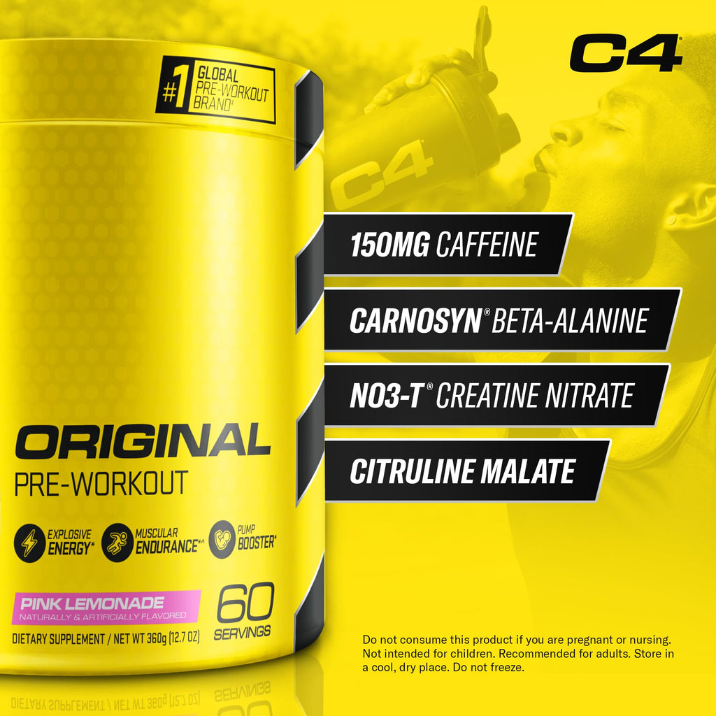 C4 Original Pre Workout Powder Pink Lemonade Vitamin C for Immune Support Sugar Free Preworkout Energy for Men & Women 150mg Caffeine + Beta Alanine + Creatine 60 Servings
