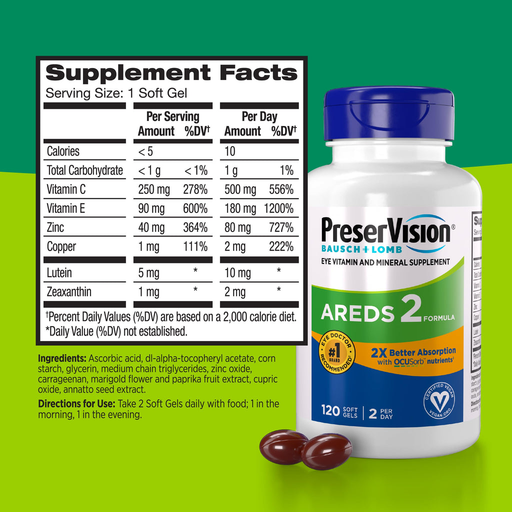 PreserVision AREDS 2 Eye Vitamin & Mineral Supplement with OCUSorb, 120 Vegan Soft Gels, Contains Lutein, Zeaxanthin, Vitamin C & E, Zinc, & Copper, Eye Health Supplements for Adults