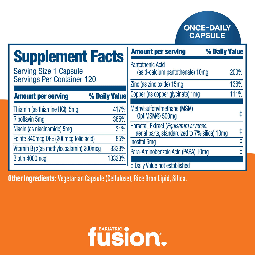 Bariatric Fusion ONE Per Day Bariatric Hair Skin and Nails Vitamins REJUVENATOR for Women | Vegan Hair Growth Vitamins with Biotin, Vitamin B12, and B1 | Easy to Swallow | 120 Capsules
