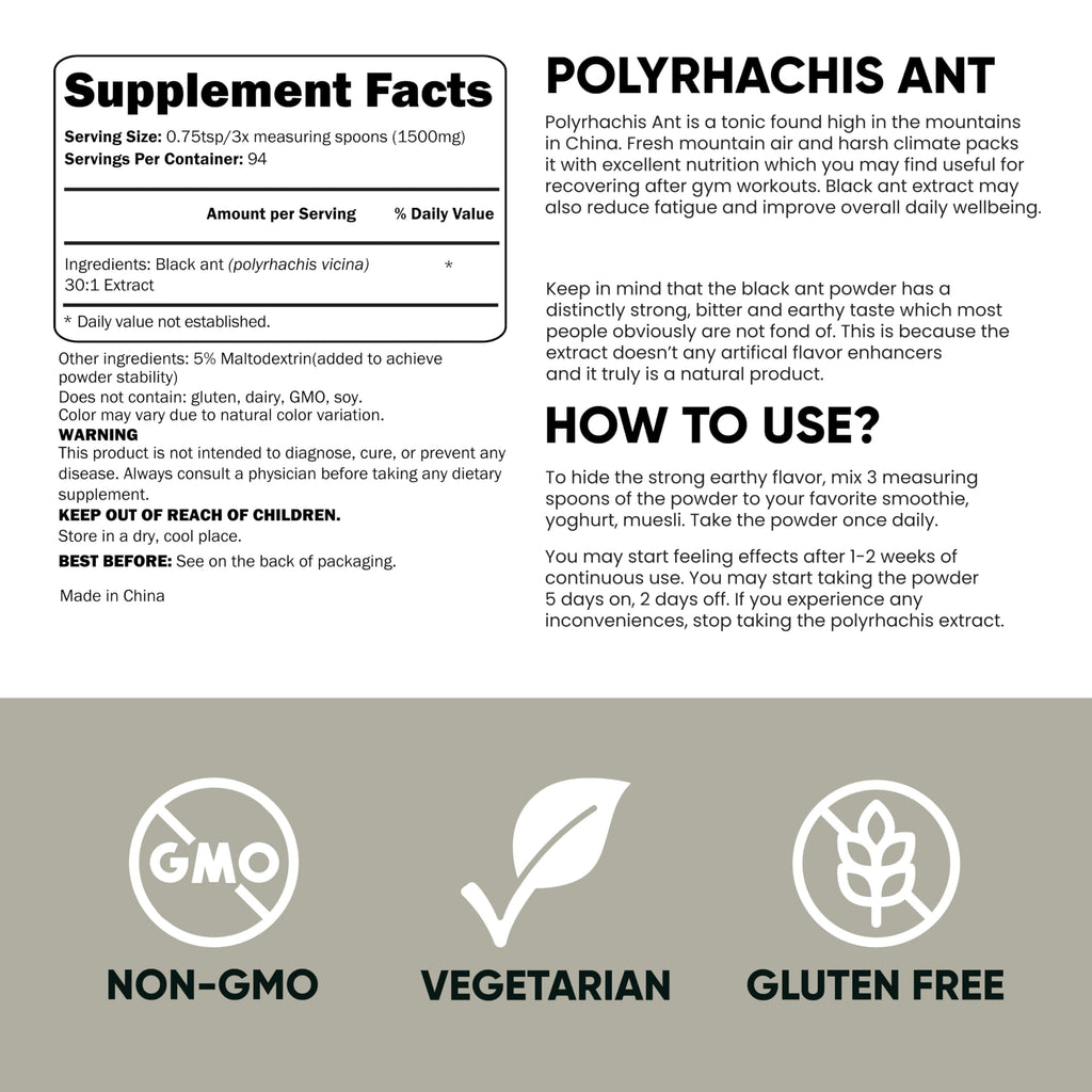 Jungle Powders Black Ant Extract Powder 30:1, 5 Ounces, 94 Servings | Pure Polyrhachis Black Ant Supplement, Changbai Mountain Ant Traditional Mens Health Support for Drive, Contains 5% Maltodextrin
