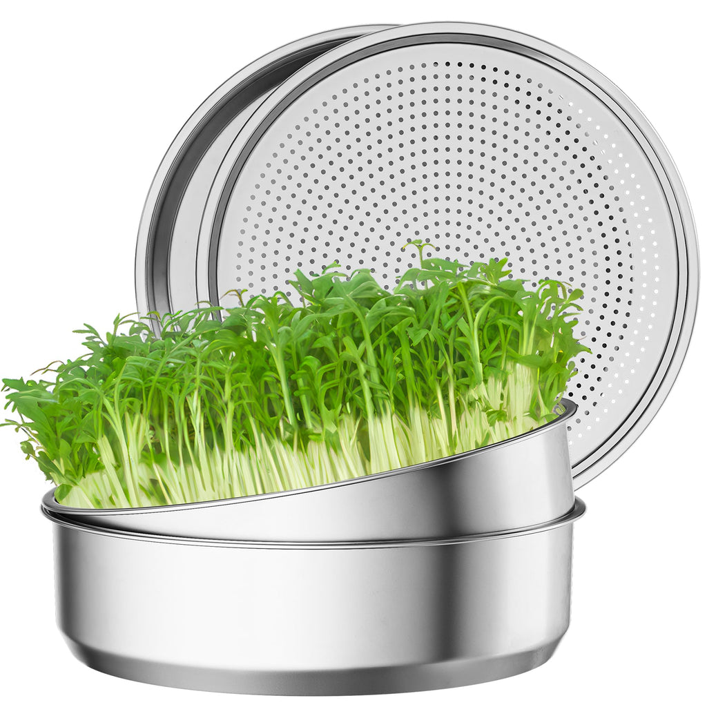FANHAO 2 Pack Stainless Steel Seed Sprouter Trays, Food-Grade Microgreens Growing Tray, Soil-Free Cultivation Germination Tray for Indoor or Outdoor Sprouting Seeds, Grow Grass, Beans (Without Lids)