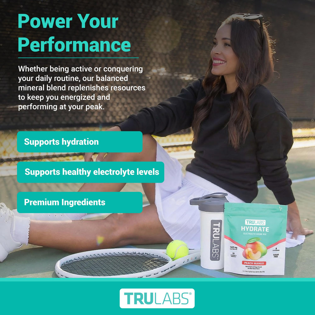 TRULABS Hydrate Electrolyte Drink Mix – Peach Mango Flavor, Sugar-Free Hydration Packets with 1422 mg Electrolytes & 19 Vitamins & Minerals, Monk Fruit Sweetened, On-the-Go Sticks (16 Count)