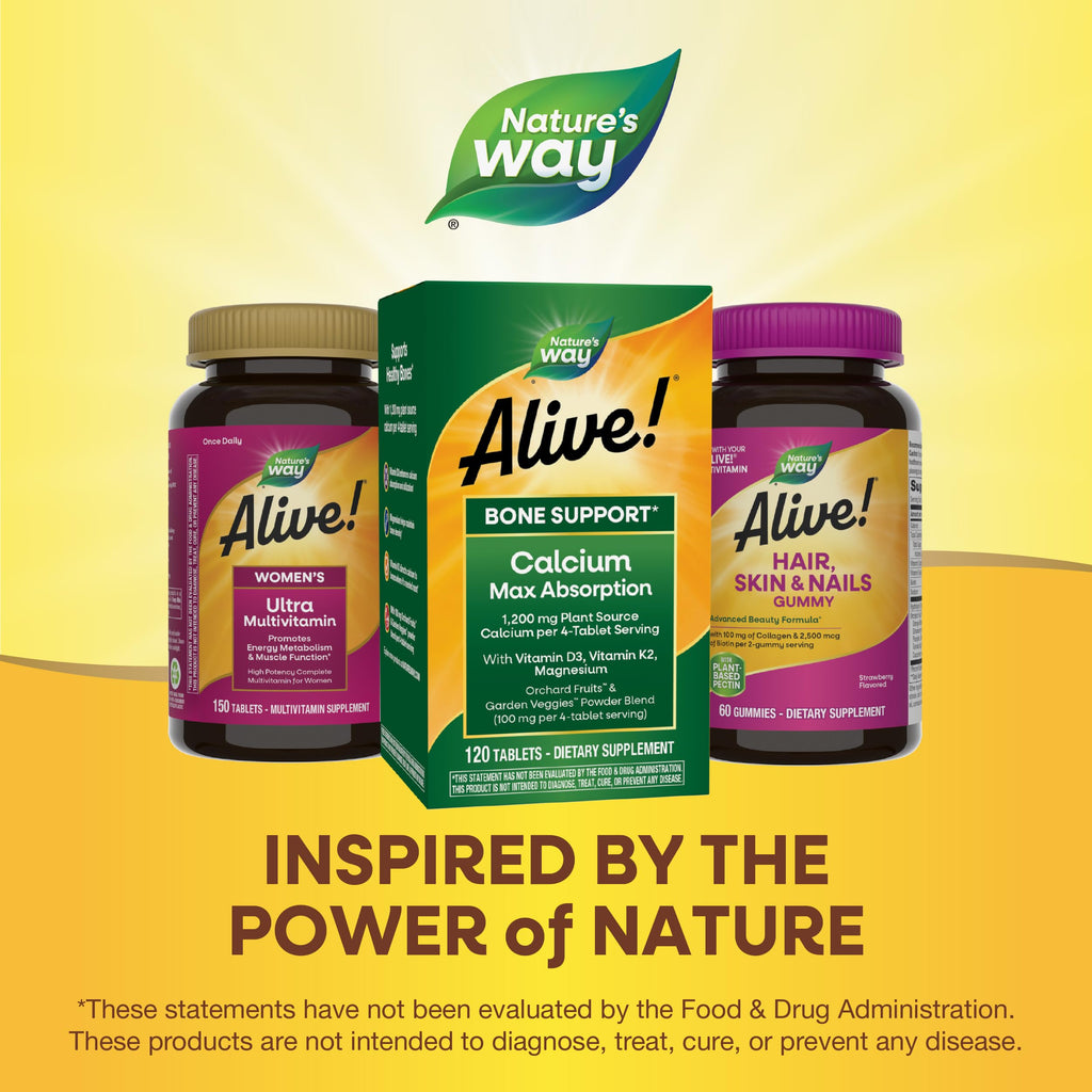 Nature’s Way Alive! Calcium Bone Support Tablets*, Max Absorption Calcium Supplement with Vitamins D3, K2, & Magnesium, Promotes Bone Health and Bone Density*, Gluten Free, 120 Tablets