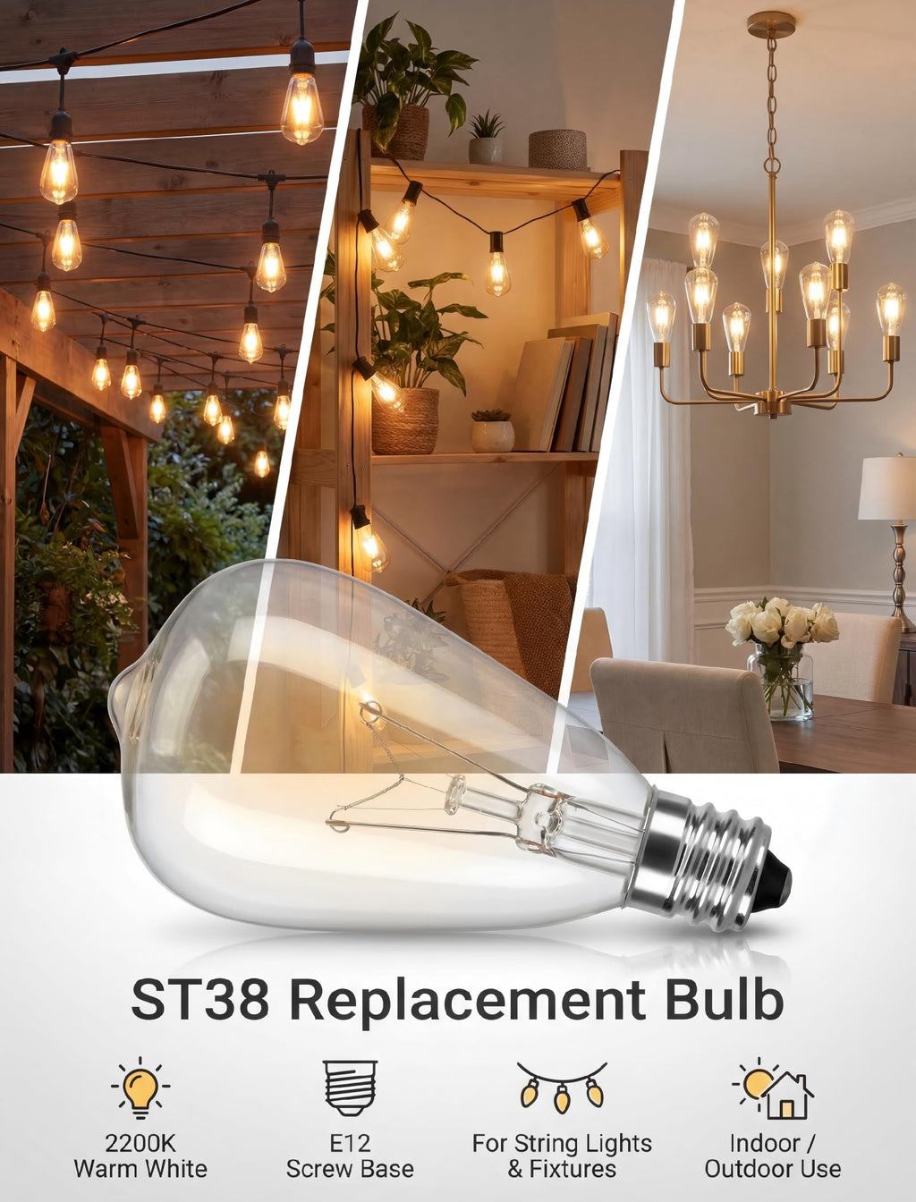 Konictom ST38 Edison Incandescent Replacement Light Bulbs, 7W 2200K Clear Glass C7 E12 Screw Base Bulbs, 23 Lumens, 10 Pack for Outdoor String Lights, Patio, Garden and Wedding Decor