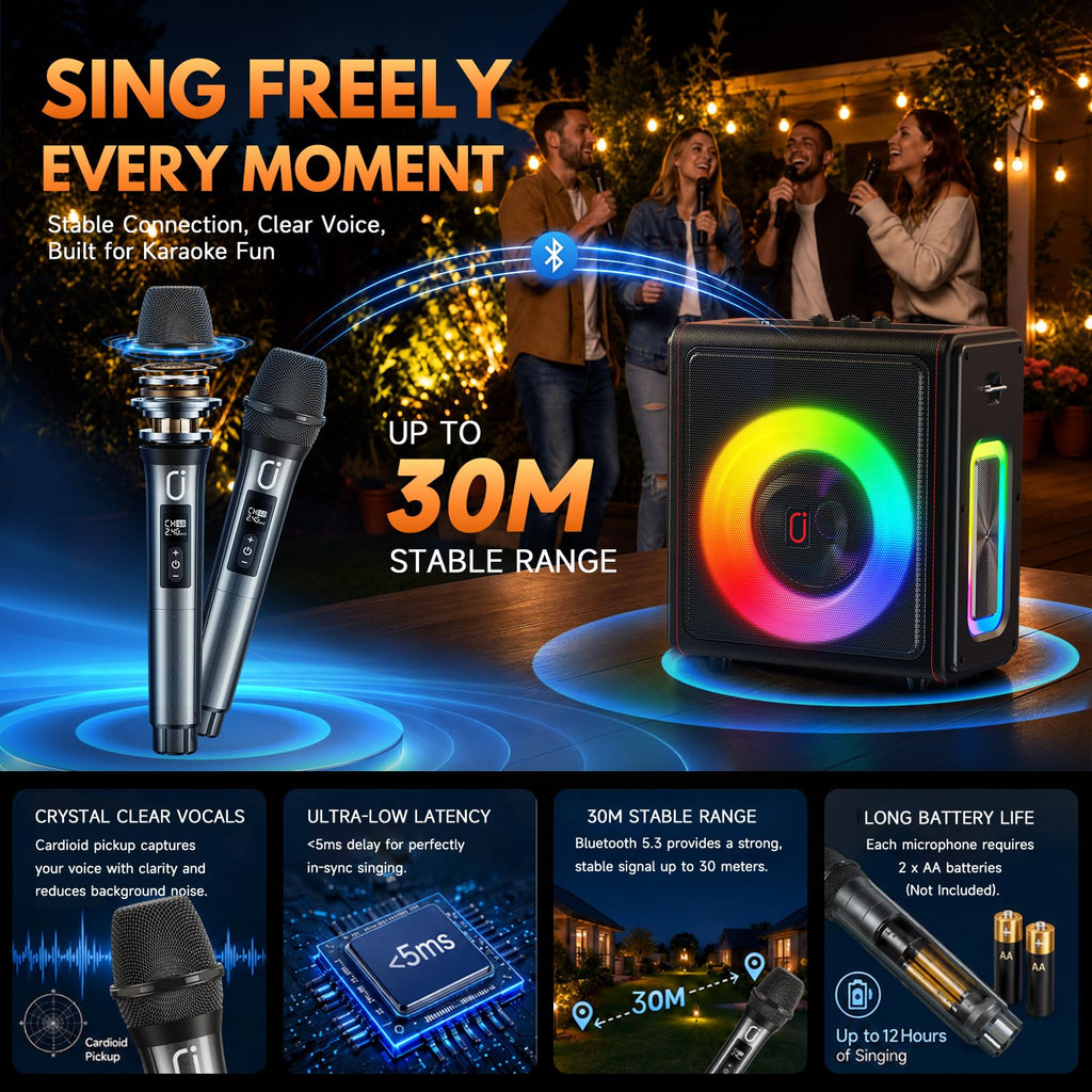 Karaoke Machine for Adults with 2 Wireless Microphones, 200W PA System
