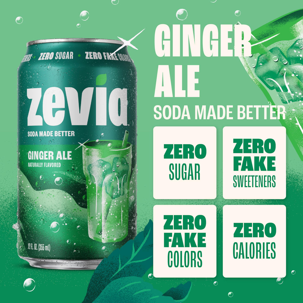 Zevia Zero Sugar Soda, Ginger Ale, 12 oz Cans (24-Pack) – Naturally Sweetened, Non-GMO Project Verified, Gluten-Free, Vegan