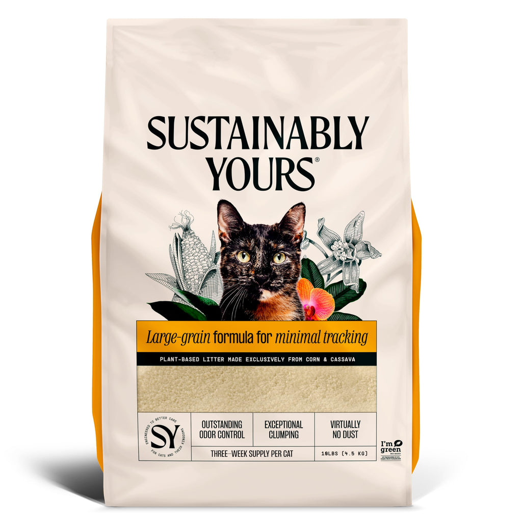 Sustainably Yours Natural Cat Litter, Large-Grain Formula, Low Tracking, Exceptional Clumping & Odor Control, Virtually No Dust, Corn & Cassava Plant-Based, Unscented, 10 lbs