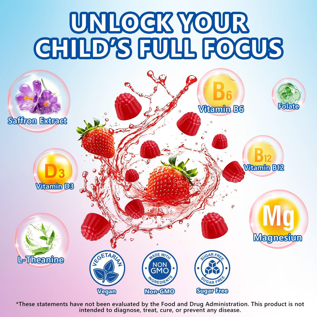 Sept Yan Saffron Gummies Kids with Magnesium L-Theanine Vitamin D3 B6 B12 Saffron for Kid Focus Mood Support Natural Saffrons Extract Supplement for Active Children Calm 60 Count Strawberry Sugar Free