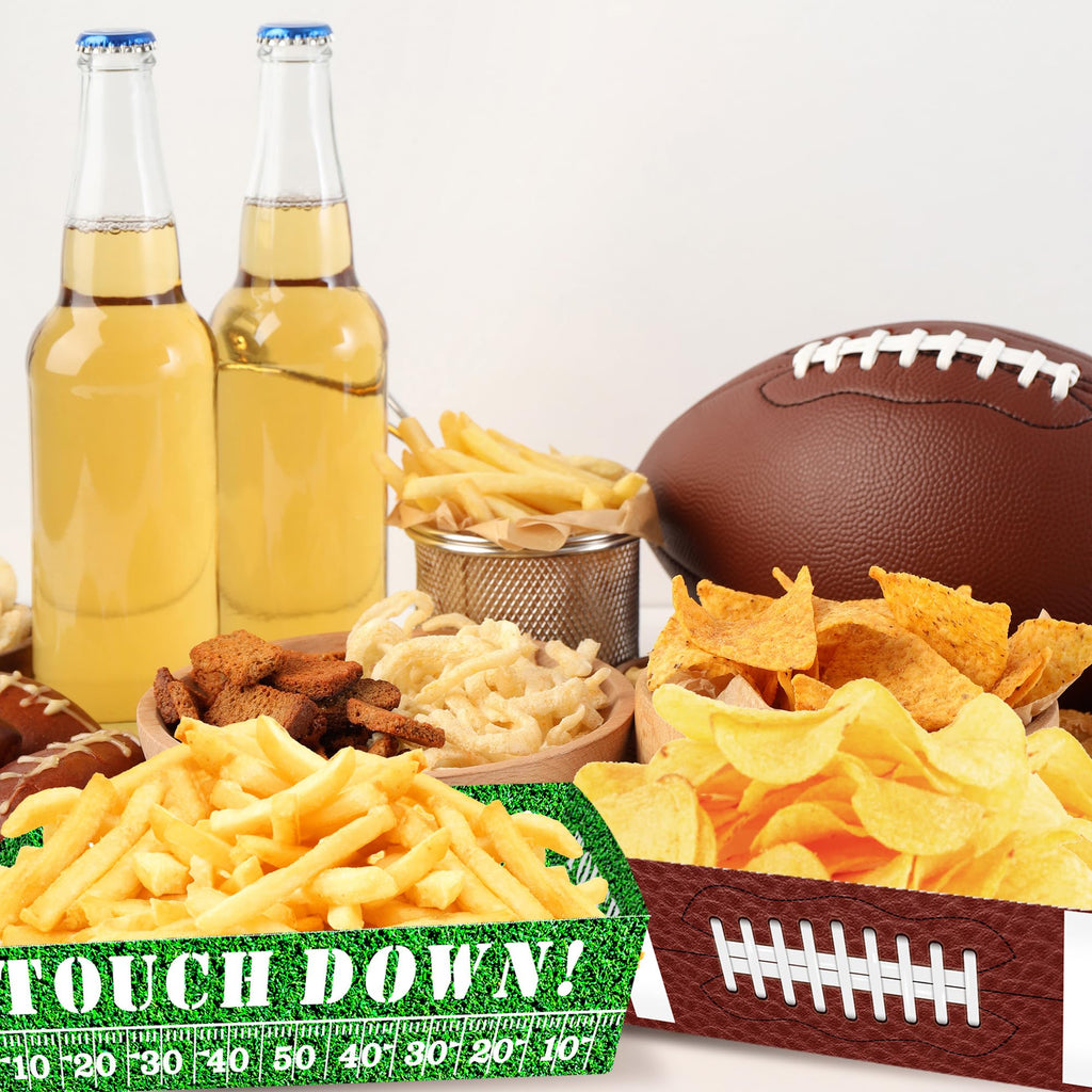 50 Pcs Football Party Decorations, Disposable Food Tray for Super Bowl, Snack Trays, Large Serving Boats for Birthday, Tailgate & Sports Theme Events – 2 Designs