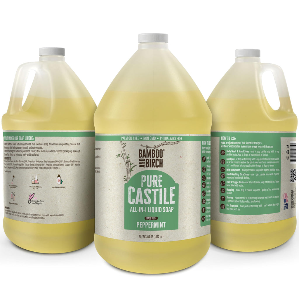BAMBOO AND BIRCH Pure Castile Soap Liquid, Certified Palm Oil Free Natural Soap, Peppermint, 64 oz
