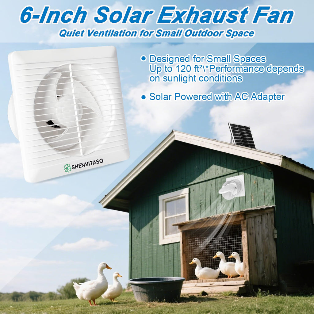 Solar Exhaust Fan with Power Adapter, 6 Inch Solar Powered Exhaust Ventilation Fan, Quiet Brushless Solar Vent Fan with 25W Solar Panel, Anti‑Backflow Valve for Chicken Coop, Shed, Greenhouse