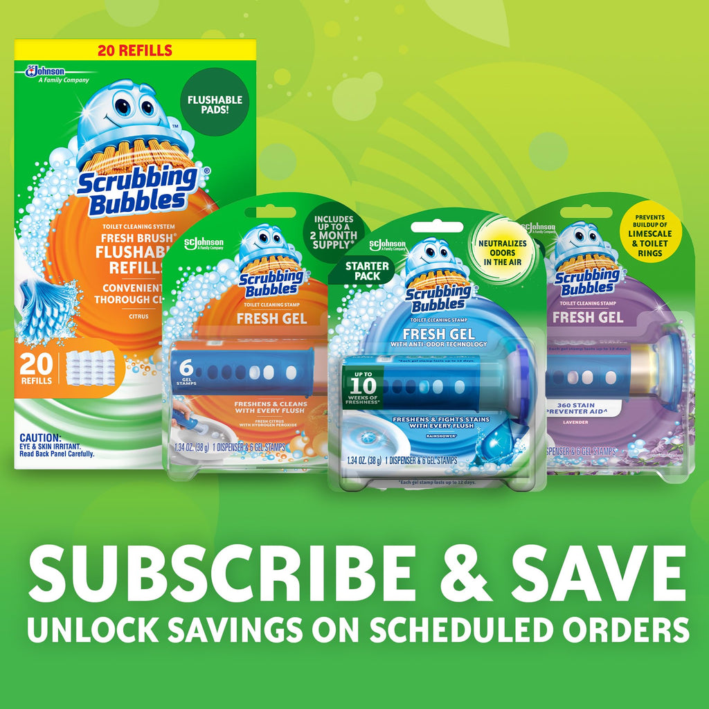Scrubbing Bubbles Fresh Gel Toilet Bowl Cleaning Stamps, Helps Keep Toilet Clean and Helps Prevent Limescale & Rings, Rainshower Scent, 1 Dispenser with 24 Fresh Gel Stamps