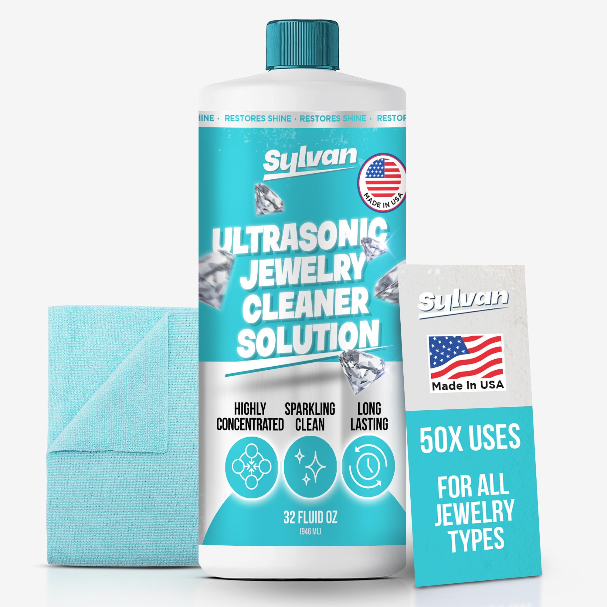 Sylvan Hills Ultrasonic Jewelry Cleaner Solution Concentrate + Free Cloth | 500+ Uses | 32 Oz | Made in The USA | Compatible with All Ultrasonic Cleaners | Cleaner Liquid | Rings, Necklaces & Eyewear