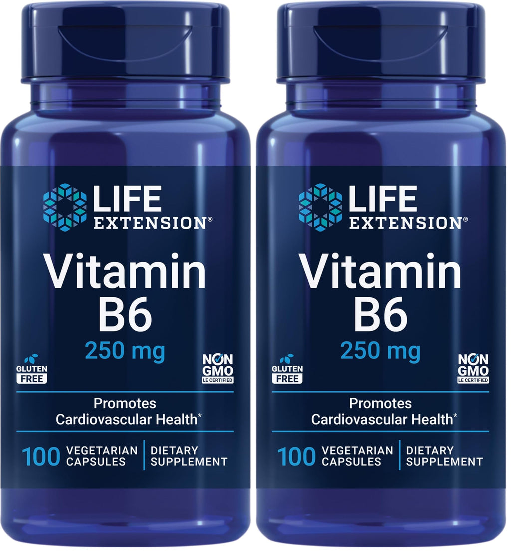 Life Extension Vitamin B6, 250 mg, high Potency, Cardiovascular, neurological Health, Eye Health, Healthy Kidney Function, Gluten-Free, Non-GMO, Vegetarian, 100 Capsules, (Pack of 2)