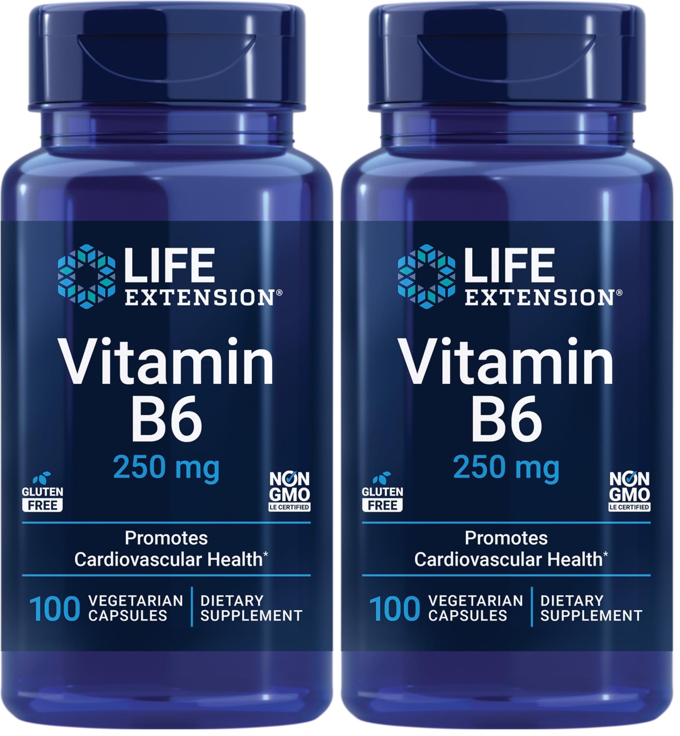 Life Extension Vitamin B6, 250 mg, high Potency, Cardiovascular, neurological Health, Eye Health, Healthy Kidney Function, Gluten-Free, Non-GMO, Vegetarian, 100 Capsules, (Pack of 2)