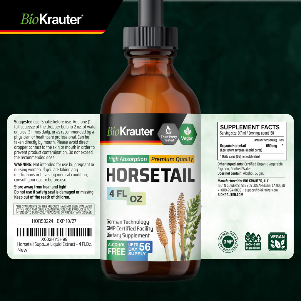 BIO KRAUTER® Horsetail Supplement for Hair, Skin & Nails - Vegan & Pure Horsetail Herb Liquid Drops 660 mg per Serving 4 Fl.Oz. - Silica Hair Supplement - Alcohol & Sugar Free - 56 Days of Supply
