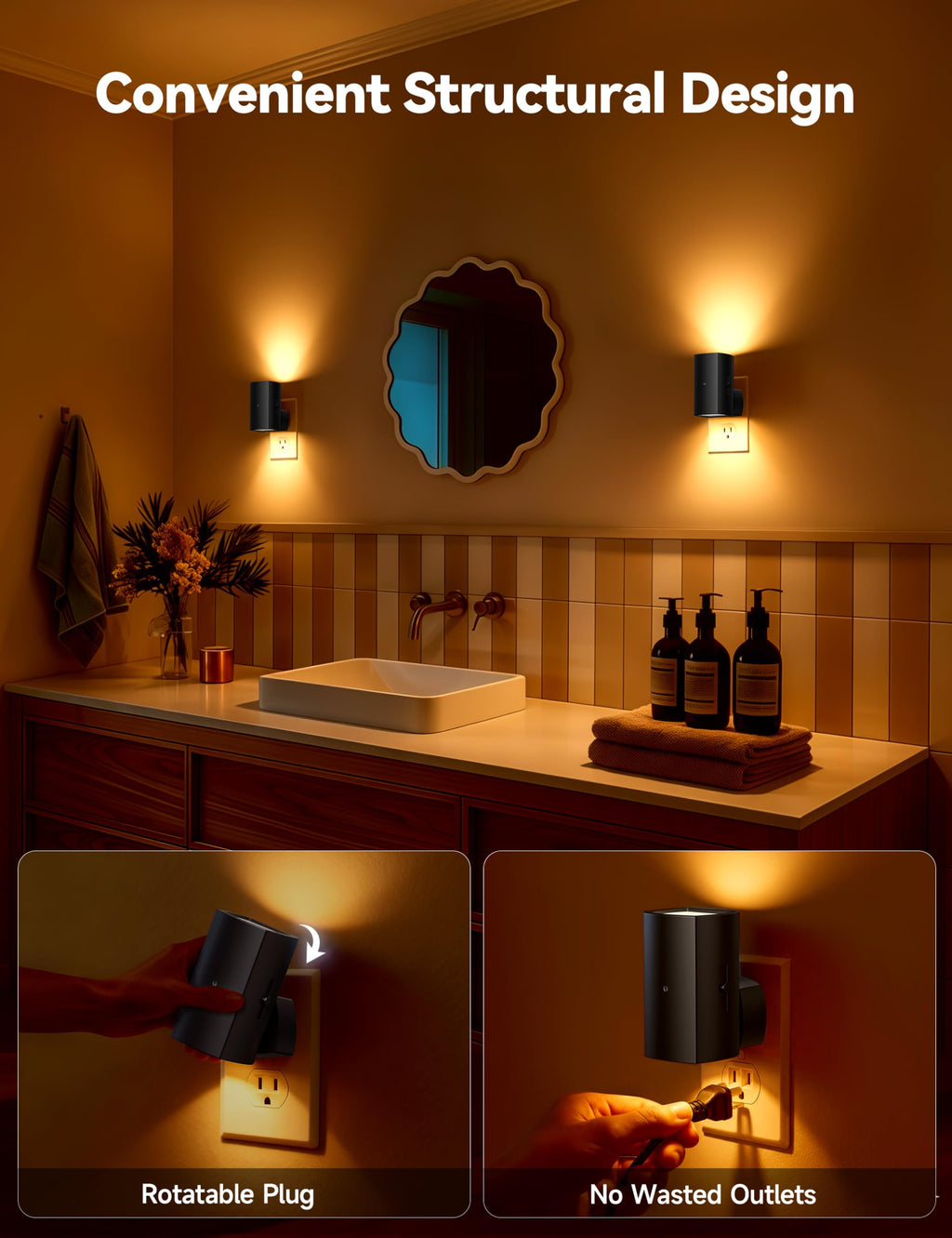 Brightown 2 Pack Black White Night Lights Plug into Wall, Modern Night Light with Rotating Plug, Dusk to Dawn Sensor, 0-100LM Stepless Dimming Aora Night Light for Hallway Bedroom Bathroom,Amber