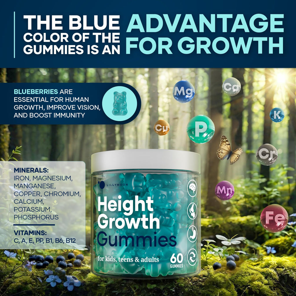Height Growth Gummies Multivitamins, Natural Height Increase Supplement with Calcium, Zinc, K2 D3, Magnesium, Bone Strength Density Support, Grow Taller Gummies for Adults, Kids, Bone Support Complex