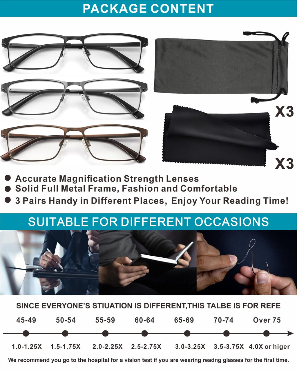 acavefox 3 Pack Blue Light Blocking Reading Glasses Men Readers Anti Glare UV Lightweight and Sturdy Full Frame Metal Spring Hinge Eyeglasses 2.50+