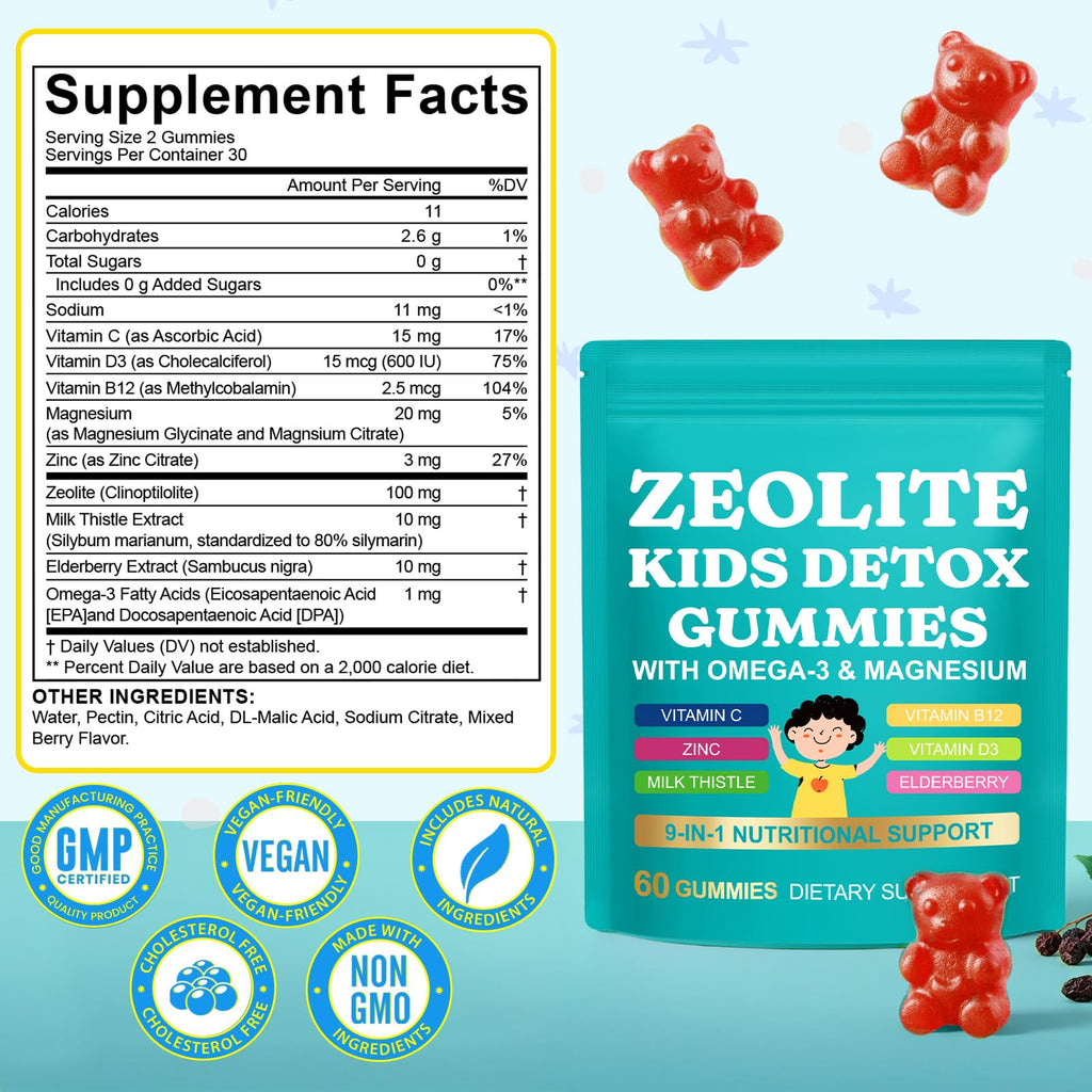 Zeolite Kids Gummies, Zeolite Detox for Kids with Zeolite, Omega-3, Elderberry, Vitamin C, Vitamin D3, Zinc, B12, for Energy, Focus, Digestive, Immune, Sugar Free (Mixed Berry Flavor-60 Gummies)