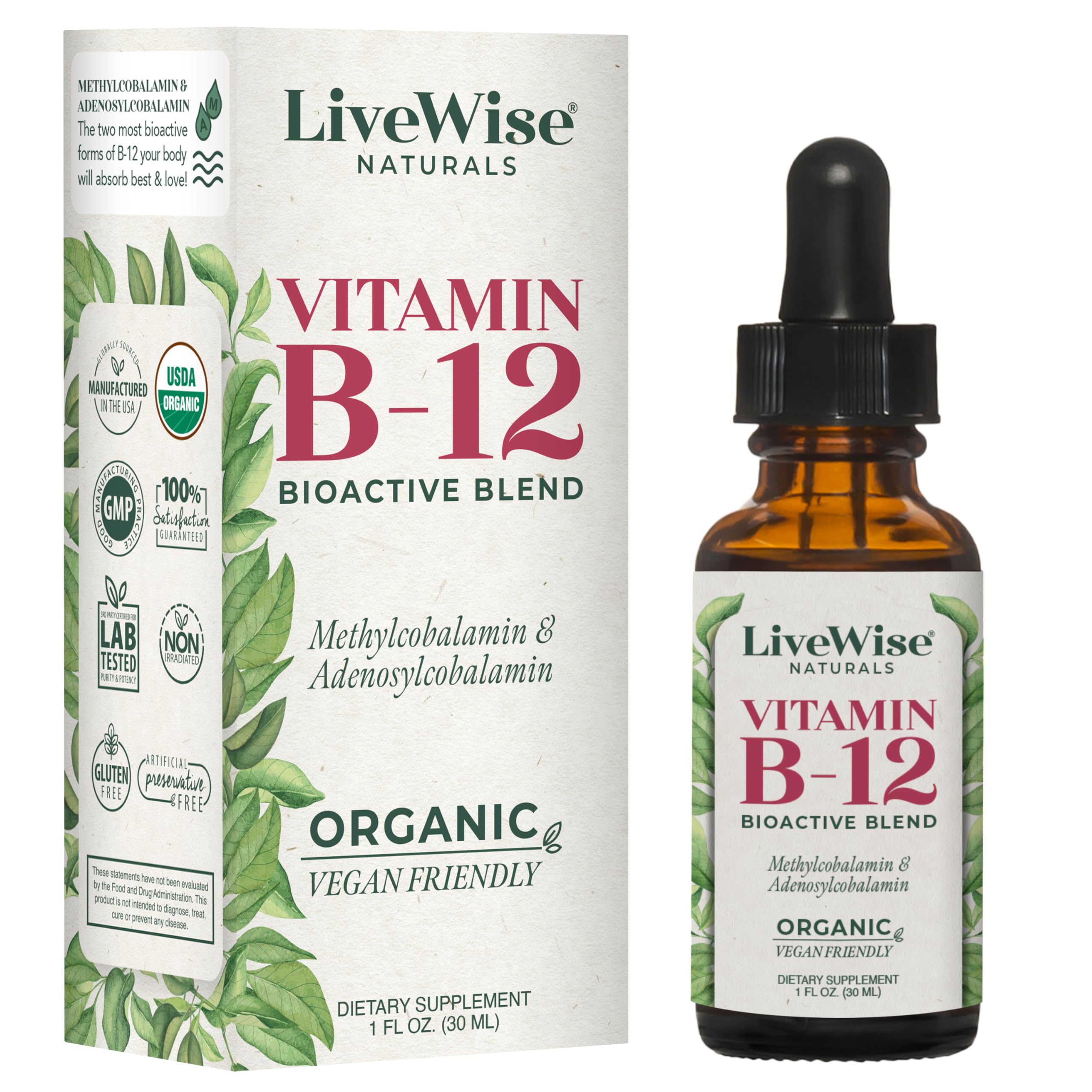 Organic Vitamin B12 1000 mcg Sublingual Liquid Drops For Adults, 6 Months Supply 1 oz, Methylcobalamin & Adenosylcobalamin - Bioactive Blend for Energy, Clarity & Focus - Vegan, Non-GMO, Unflavored