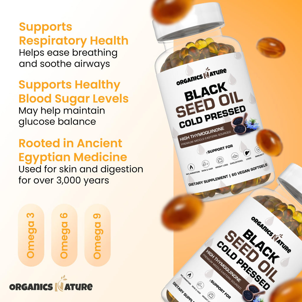 ORGANICS NATURE Black Seed Oil Cold Pressed 60 Softgel Capsules - Immunity Support, Black Cumin Seed Oil, High Thymoquinone, Non-GMO & Vegan, Nigella Sativa, Omega 3 6 9, 1000MG Per Serving