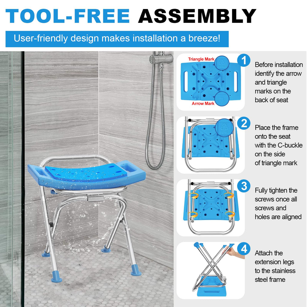 Medhelp Upgraded Folding Shower Chair, Stainless Steel Foldable Shower Seat for Inside Bathtub, Lightweight & Portable Travel Shower Stool, Anti-Slip Feet Bath Chair for Elderly, Disabled, Injured